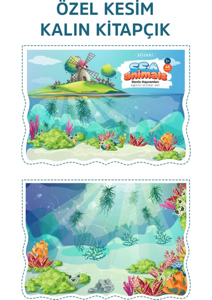Eğitici Sticker Aktivite Kitabı Türkçe & Ingilizce A4 +45 Ad. (Deniz Hayvanları) Sticker / 3-7 Yaş modelleri