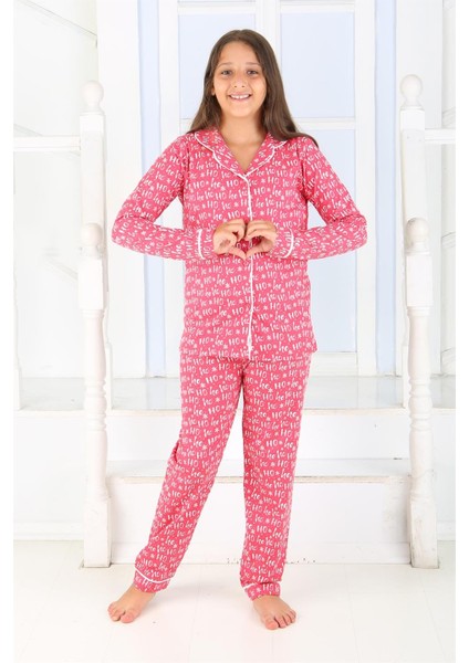 Düğmeli Kız Uzun Kollu 'hoho' Model Pijama Takımı