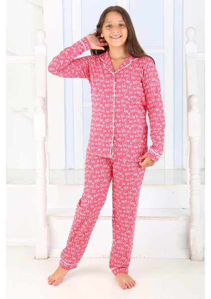 Düğmeli Kız Uzun Kollu 'hoho' Model Pijama Takımı