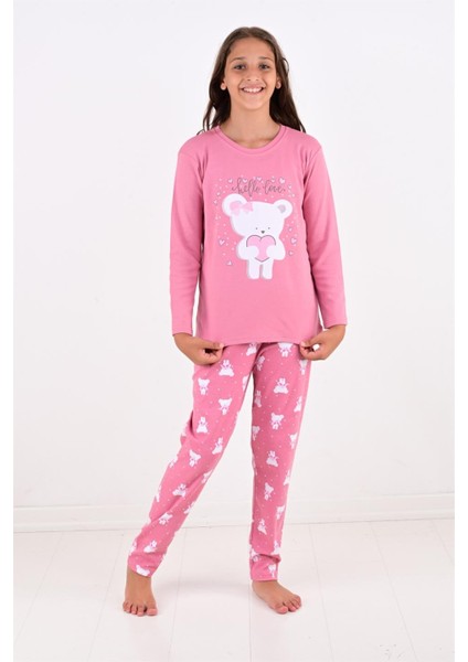 Kız Çocuk Uzun Kollu Fiyonklu Ayıcık Model Pijama Takımı