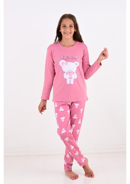 Kız Çocuk Uzun Kollu Fiyonklu Ayıcık Model Pijama Takımı