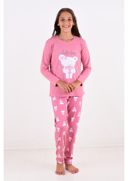 Kız Çocuk Uzun Kollu Fiyonklu Ayıcık Model Pijama Takımı