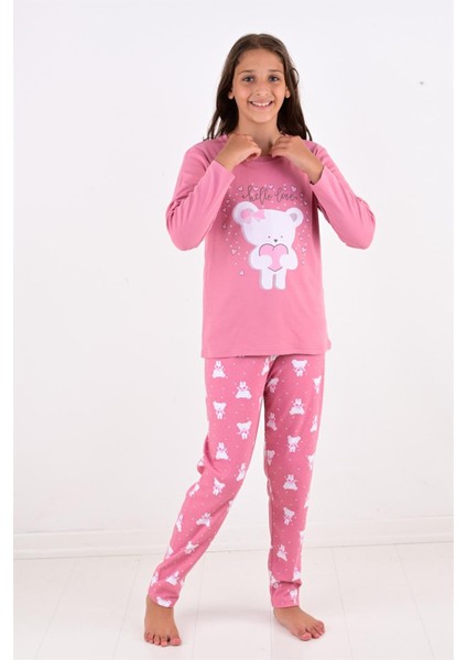 Kız Çocuk Uzun Kollu Fiyonklu Ayıcık Model Pijama Takımı