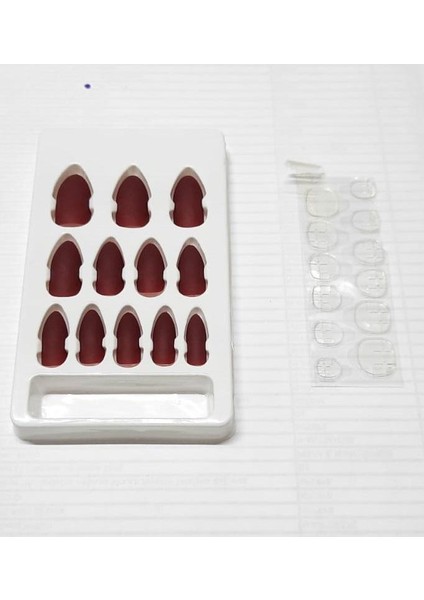 Mat Bordo Tak Çık Tırnak Seti Yapışkanlı Takma Tırnaklar 12'li