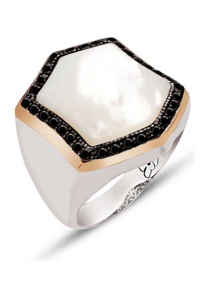 Gümüş Sedef Taşlı Kenarları Zirkon İşlemeli Yüzük