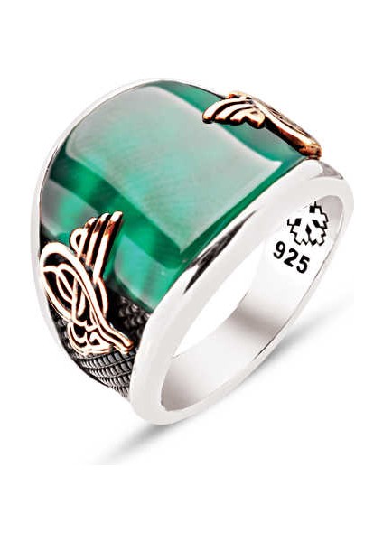 Gümüş Yeşil Akik Taşlı Osmanlı Tuğralı Yüzük