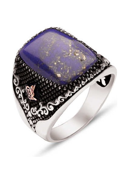 Gümüş Sıkma Lapis Taşlı Yanları Tuğralı Yüzük