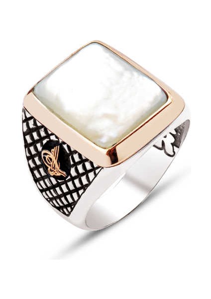 Gümüş Sedef Taşlı Kenarları Tuğralı Yüzük