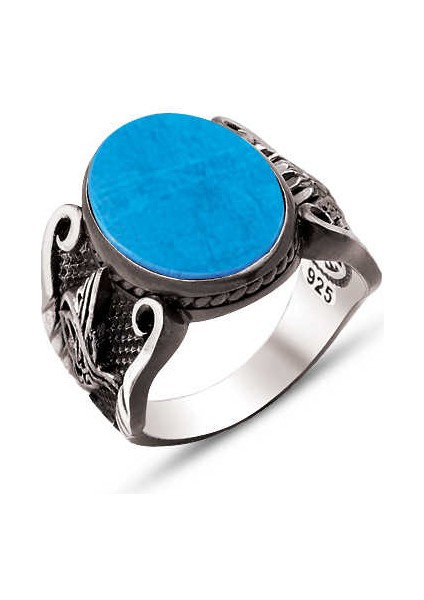 Gümüş Sıkma Turkuaz Taşlı Kenarları Osmanlı Devlet Armalı ve Osmanlı Tuğralı Yüzük