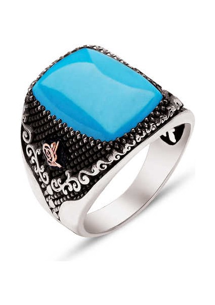 Gümüş Sıkma Turkuaz Taşlı Yanları Tuğralı Yüzük