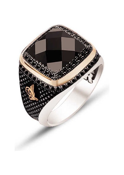 Gümüş Siyah Faset Taşlı Yanları Siyah Zirkon Süslemeli Erkek Yüzük