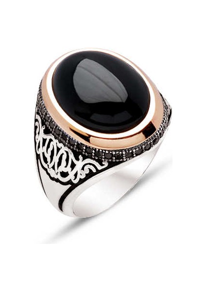 Gümüş Siyah Kapşon Taşlı Yanları Siyah Zirkon Taşlı Erkek Yüzük