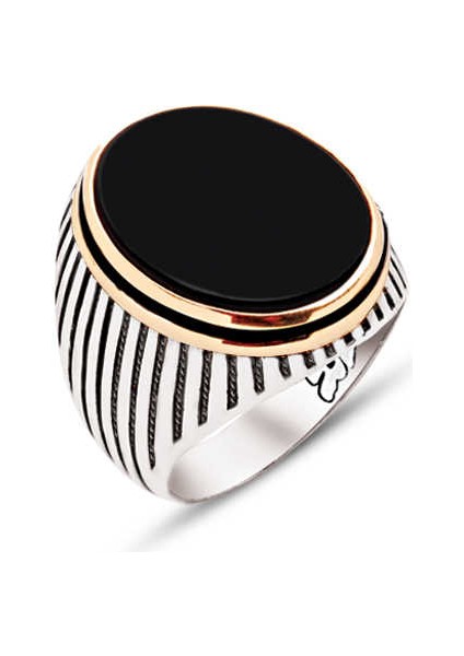 Gümüş Siyah Oniks Taşlı Yanları Mine Süslemeli Çizgili Kasa Erkek Yüzüğü