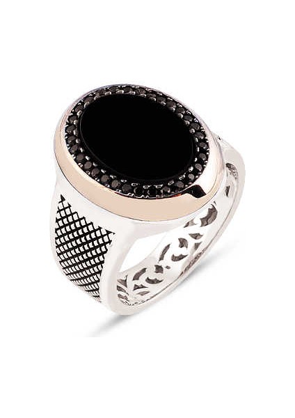 Gümüş Siyah Oniks Taşlı Çevresi Zirkon Süslemeli Erkek Yüzük