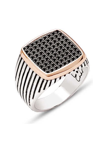 Gümüş Siyah Zirkon Taşlı Yanları Çizgili Erkek Yüzük