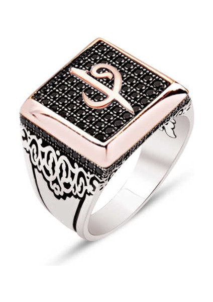 Gümüş Siyah Zirkon Taşlı Üstü Elif Vav Yanları Motifli Erkek Yüzük