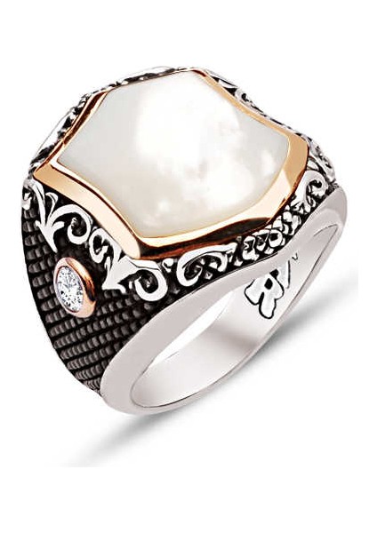 Gümüş Sedef Taşlı Yanları Tek Taşlı Yüzük