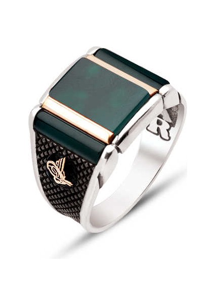 Gümüş Yeşil Akik Taşlı Kenarları Osmanlı Tuğralı Yüzük