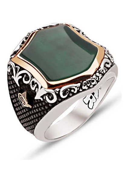 Gümüş Yeşil Akik Taşlı Yanları Tuğralı Yüzük