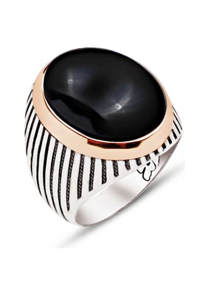 Gümüş Siyah Kapşon Taşlı Çizgili Kasa Erkek Yüzüğü