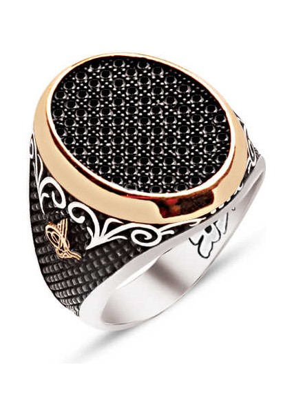 Gümüş Siyah Zirkon Taşlı Yanları Tuğra İşlemeli Erkek Yüzük