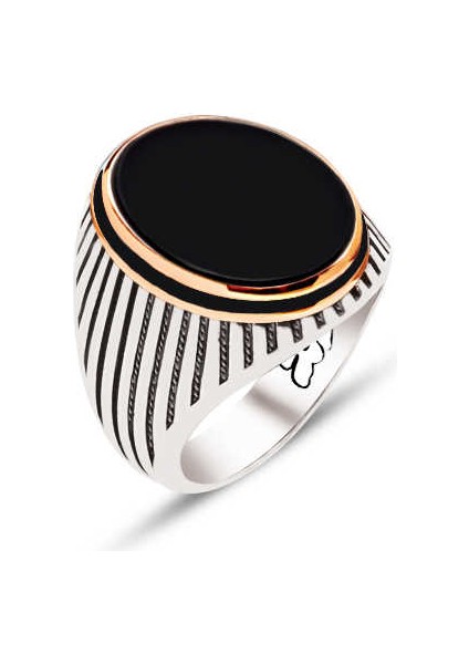 Gümüş Siyah Oniks Taşlı Yanları Mineli Erkek Yüzüğü