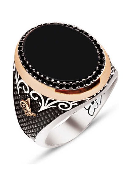 Gümüş Siyah Oniks Taşlı Zirkon Süslemeli Yanları Tuğra İşlemeli Erkek Yüzük