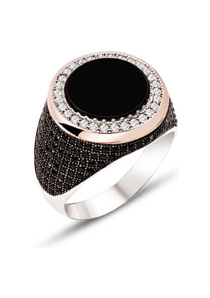 Gümüş Siyah Oniks Taşlı Yanları Komple Taş İşlemeli Erkek Yüzük