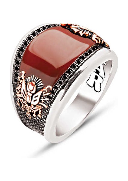 Gümüş Akik Kenarları Siyah Zirkon İşlemeli Osmanlı Devlet Armalı Erkek Yüzük