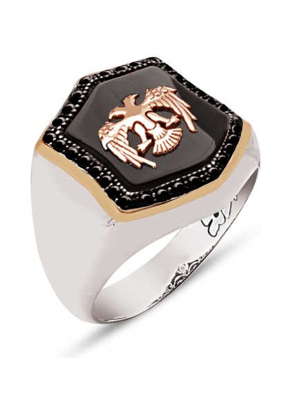 Gümüş Oniks Taş Üstü Selçuklu Kartalı Kenarları Zirkon İşlemeli Yüzük