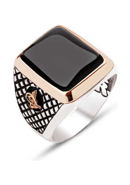 Gümüş Oniks Taşlı Yanlar Osmanlı Tuğralı Motifli Yüzük