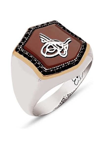 Gümüş Akik Taş Üstü Tuğralı Kenarları Zirkon İşlemeli Yüzük