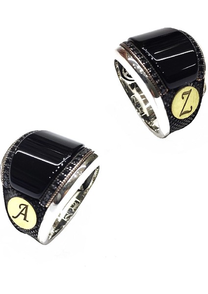 Gümüş Oniks Kenarı Siyah Zirkon İşlemeli Kenarları Kişiye Özel Yüzük
