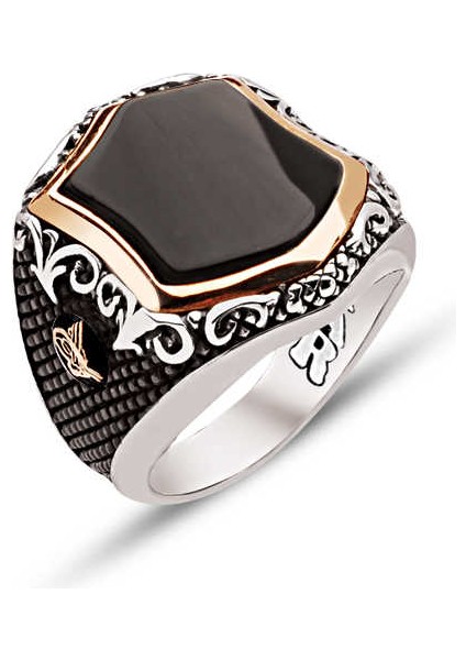 Gümüş Oniks Taşlı Yanları Tuğralı Yüzük