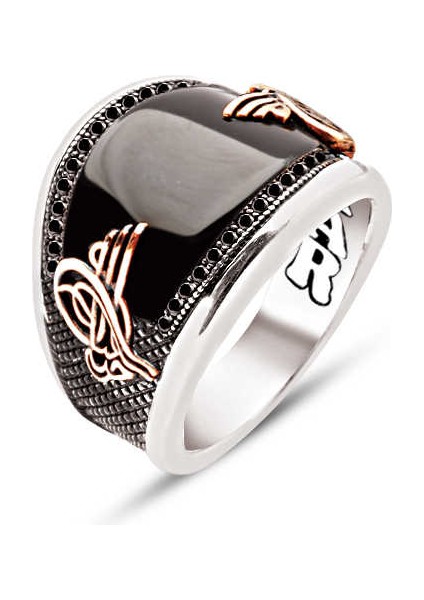 Gümüş Oniks Kenarı Siyah Zirkon İşlemeli Osmanlı Tuğralı Erkek Yüzük