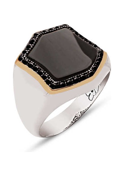 Gümüş Oniks Taşlı Zirkon İşlemeli Erkek Yüzük