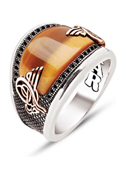 Gümüş Kaplan Gözü Kenarları Siyah Zirkon İşlemeli Osmanlı Tuğralı Erkek Yüzük