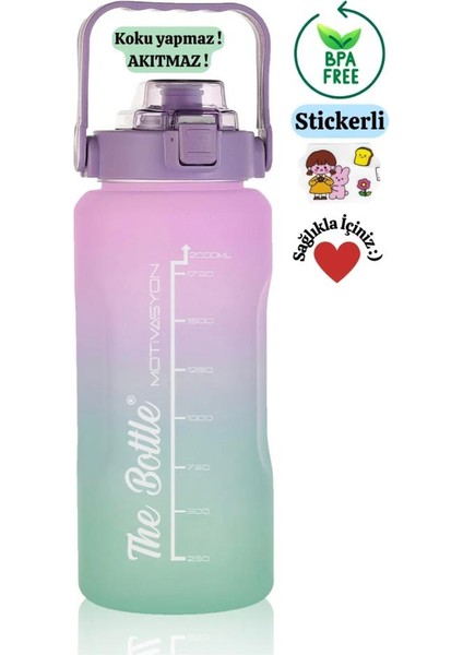 My Pazarım Motivasyonel 2li Pipetli Stickerli Su Matarası Su Şişesi Suluk 2LT+900ML Yavrulu Tritan Su Şişesi Suluk Motivasyonset-