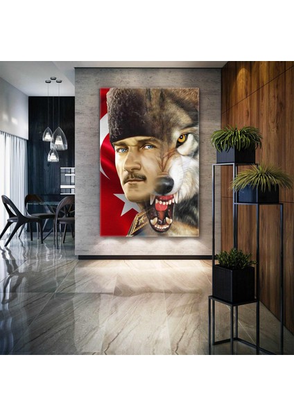 Mustafa Kemal Atatürk Asil Kurt Şanlı Türk Bayrağı Kanvas Tablo