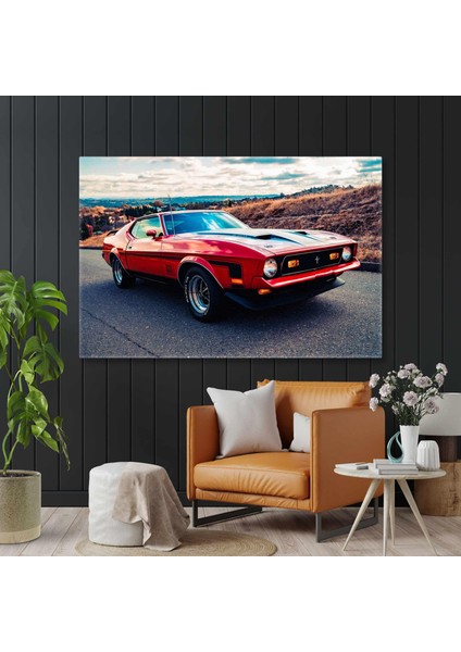 Kırmızı Asi Spor Araba Amerikan Mustang Vintage Old Red Car Kanvas Tablo