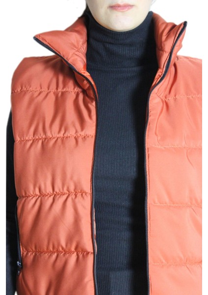 / Turuncu Mat Renk Iki Yan Cepli Dik Yaka Fermuarlı Şişme Yelek fırsatları