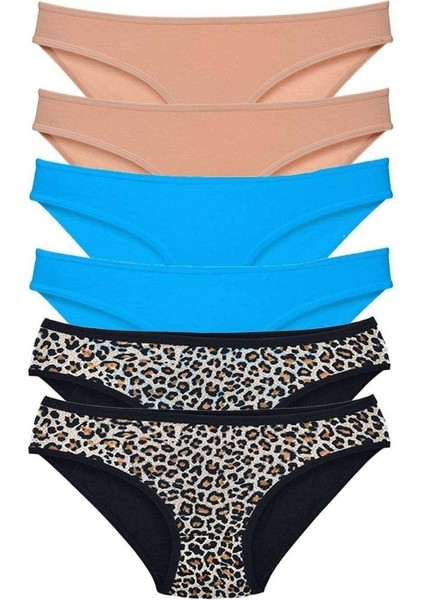 6 Adet Likralı Kadın Slip Külot Leopar Ten Mavi