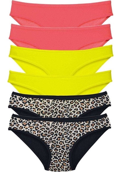 6 Adet Likralı Kadın Slip Külot Leopar Fuşya Sarı