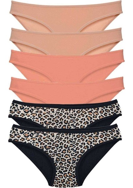 6 Adet Likralı Kadın Slip Külot Leopar Ten Pudra