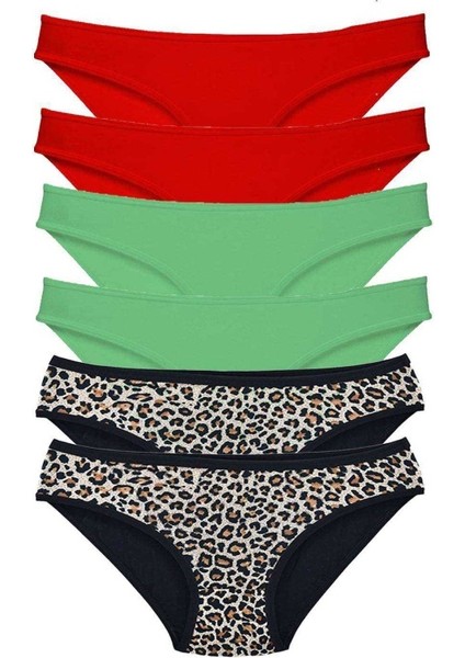 6 Adet Likralı Kadın Slip Külot Leopar Kırmızı Yeşil