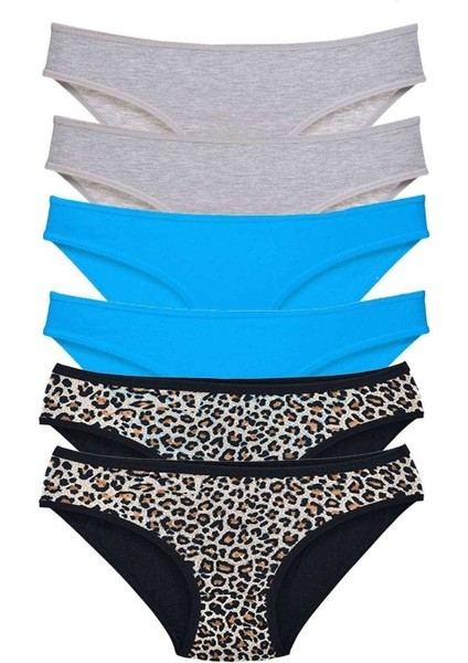 6 Adet Likralı Kadın Slip Külot Leopar Gri Mavi