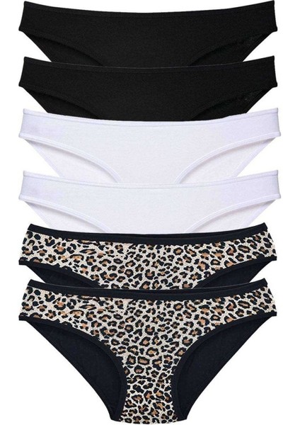 6 Adet Likralı Kadın Slip Külot Leopar Siyah Beyaz