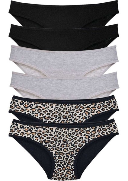 6 Adet Likralı Kadın Slip Külot Leopar Siyah Gri