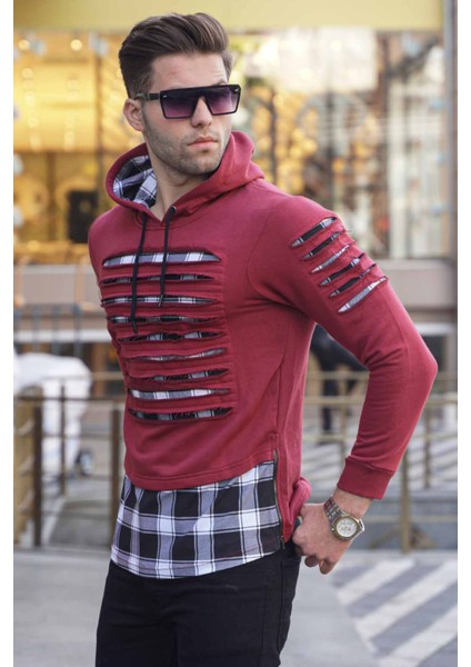 Bordo Yırtık Detaylı Kapüşonlu Sweatshirt 2656