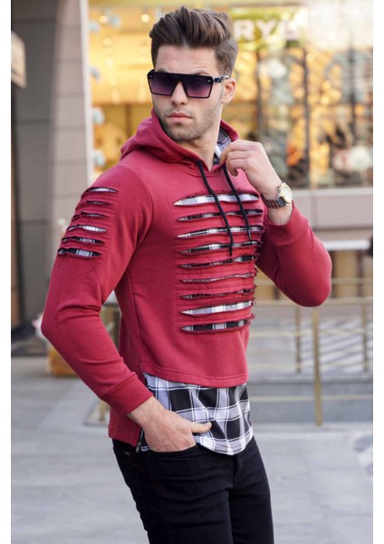 Bordo Yırtık Detaylı Kapüşonlu Sweatshirt 2656 fiyatları